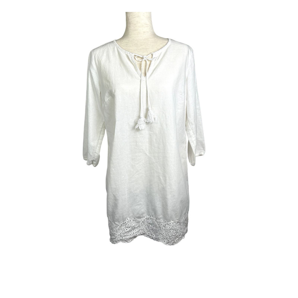 Lands End White Ivory Linen V-Neck Keyhole Eyelet 3/4 Sleeve Tunic Blouse Top XS